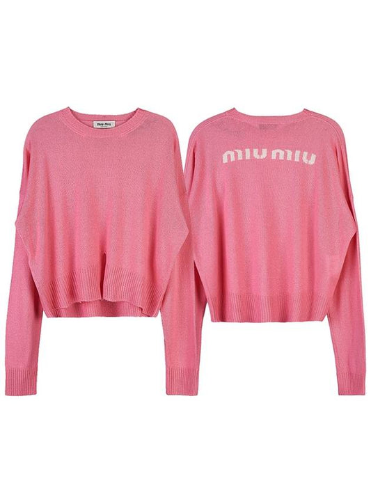 Intarsia Logo Wool Knit Top Pink - MIU MIU - BALAAN.