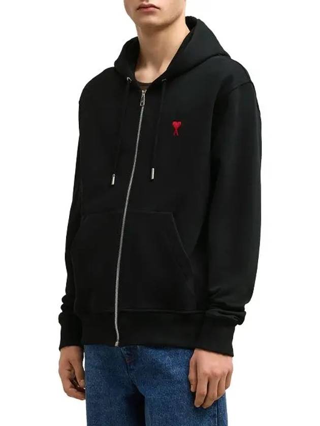 Heart Logo Drawstring Cotton Zip-Up Hoodie Black - AMI - BALAAN 5