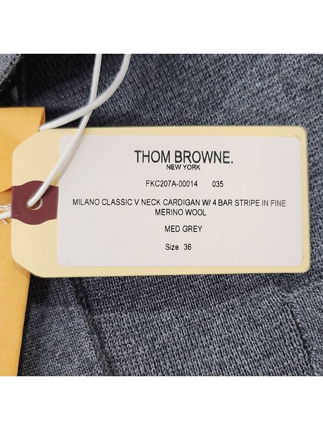 Milano Stitch 4 Bar Classic V Neck Fine Merino Wool Cardigan Medium Grey - THOM BROWNE - BALAAN 10