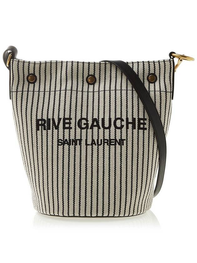 Rive Gauche Striped Canvas Leather Bucket Bag Cream Black - SAINT LAURENT - BALAAN 3