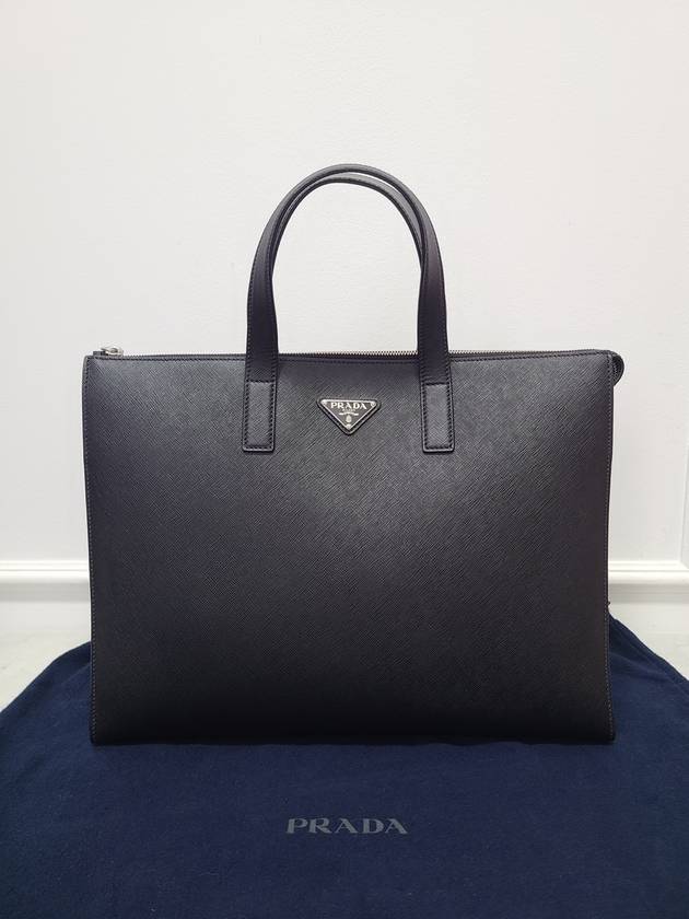 Black Saffiano triangle logo leather men s tote bag - PRADA - BALAAN 7