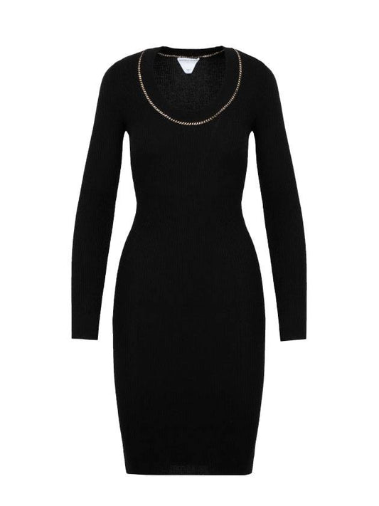 Gold Chain Detail Knit Midi Dress Black - BOTTEGA VENETA - BALAAN 1
