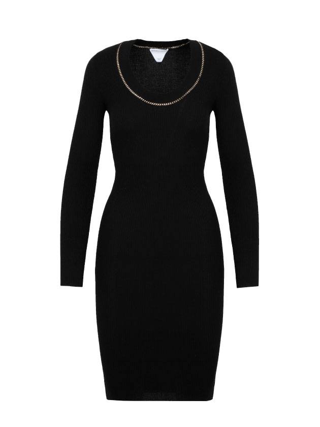Gold Chain Detail Cashmere Long Sleeve Midi Dress Black - BOTTEGA VENETA - BALAAN 1