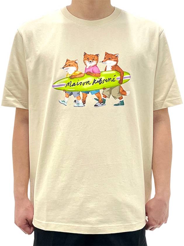 Surfing Foxes Logo Print Short Sleeve T-Shirt Beige - MAISON KITSUNE - BALAAN 2