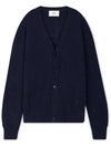 Heart Logo V Neck Cashmere Cardigan Navy - AMI - BALAAN 2