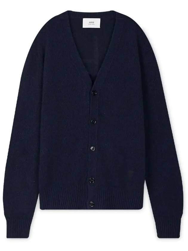 Heart Logo V Neck Cashmere Cardigan Navy - AMI - BALAAN 2