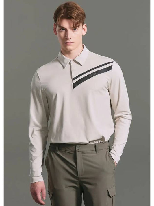 Men s diagonal color combination weakly brushed long sleeved collar T shirt khaki beige - CLEVELAND GOLF - BALAAN 1