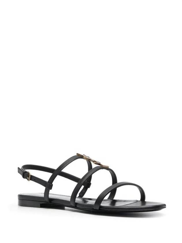 Women's Smooth Leather Gold Tone Monogram Detail Cassandra Flat Sandals Black - SAINT LAURENT - BALAAN 3