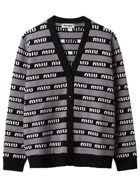 Logo Striped Wool Cardigan Black - MIU MIU - BALAAN 1