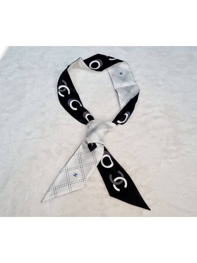 Women's CC Slim Silk Twill Hairband Ecru Black - CHANEL - BALAAN.