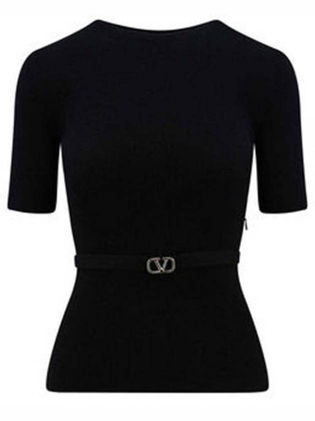 V Metal Logo Belt Detail Wool Knit Top Black - VALENTINO - BALAAN 2