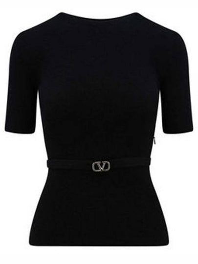 V Metal Logo Belt Detail Wool Knit Top Black - VALENTINO - BALAAN 2