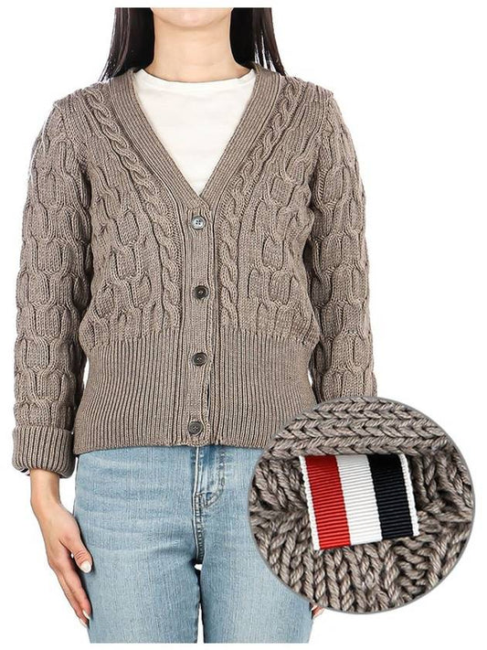 Merino Wool Crisscross Cable Stitch 3/4 Sleeve V-Neck Cardigan Medium Brown - THOM BROWNE - BALAAN 2