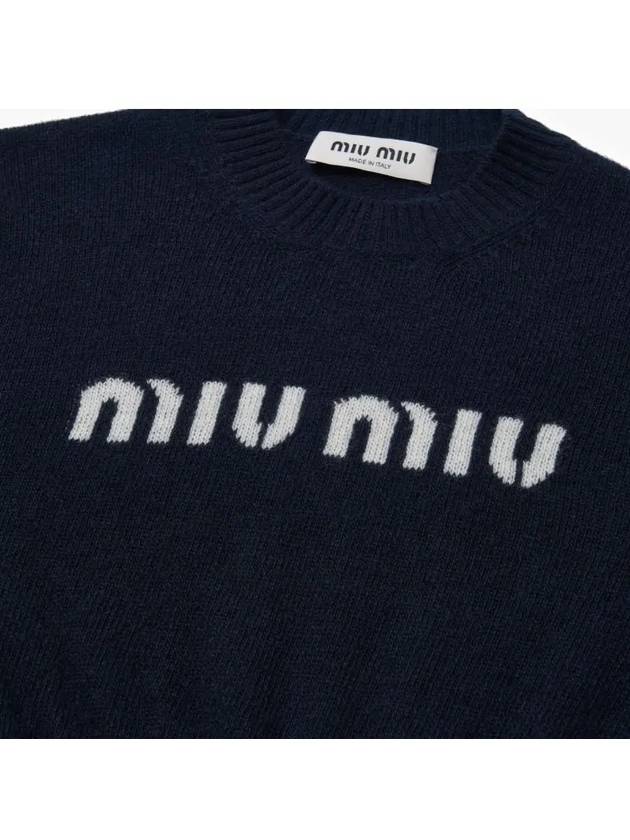 Print Logo Crop Wool Cashmere Knit Top Navy - MIU MIU - BALAAN 4