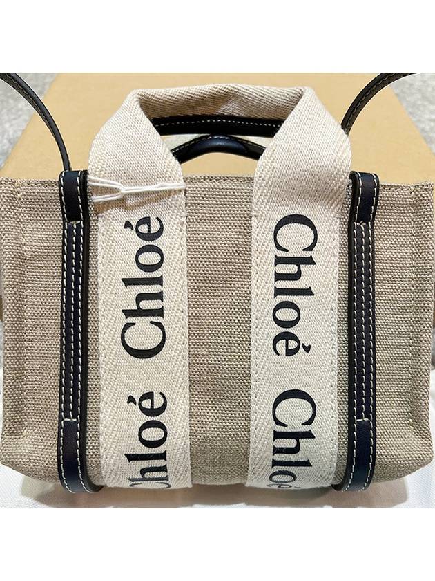 Woody Linen Canvas Calfskin Tote Bag White Navy - CHLOE - BALAAN 5