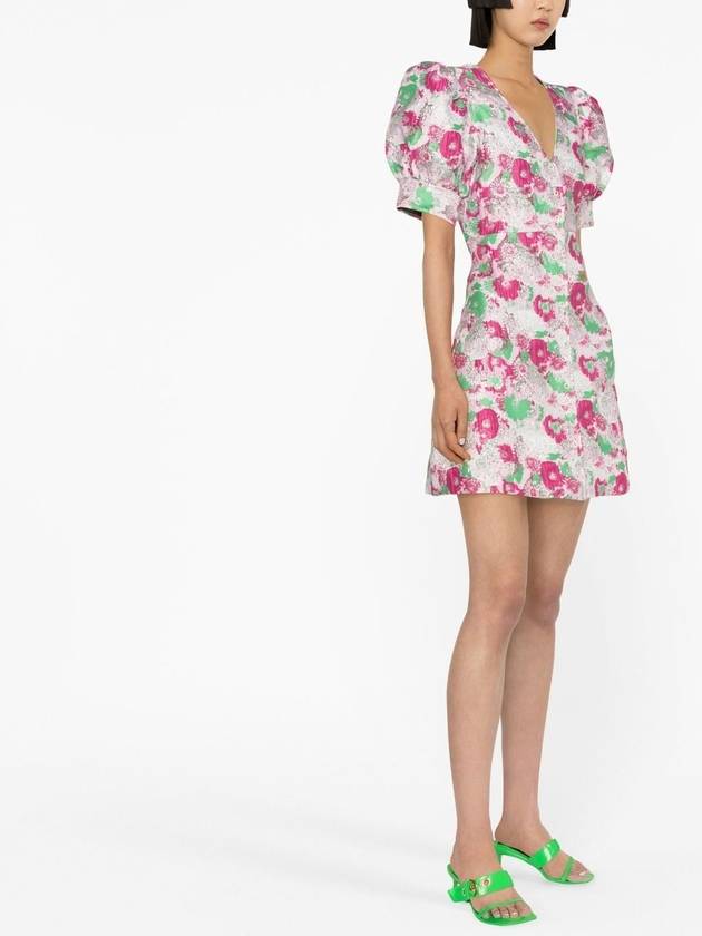 Women's Floral Puff Sleeve V-Neck Short Dress - GANNI - BALAAN 4