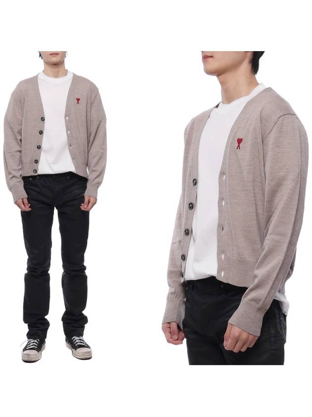 Red Heart Logo Merino Wool Cardigan Beige - AMI - BALAAN 3