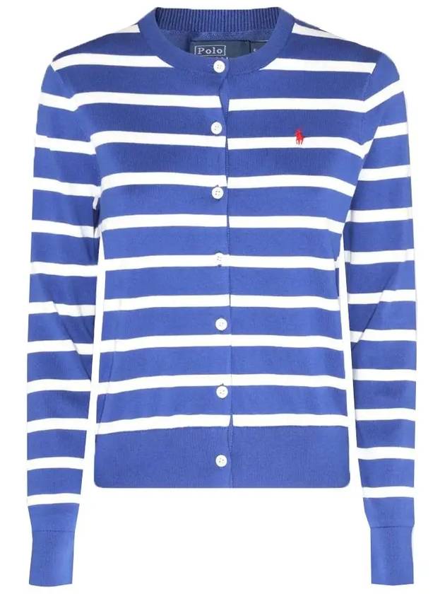 Embroidery Logo Striped Crew Neck Cardigan Blue - POLO RALPH LAUREN - BALAAN 3