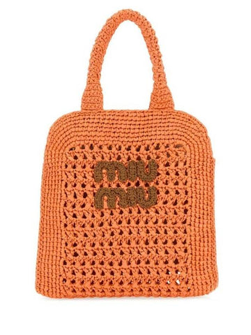 Raffia Effect Crochet Fabric Tote Bag Tulip Cognac - MIU MIU - BALAAN 1