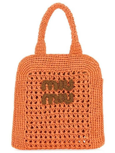 Raffia Effect Crochet Fabric Tote Bag Tulip Cognac - MIU MIU - BALAAN 1