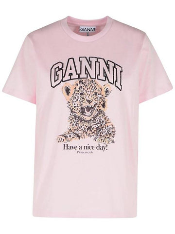 Ganni 'Leopard' Pink Cotton T-Shirt - GANNI - BALAAN 1