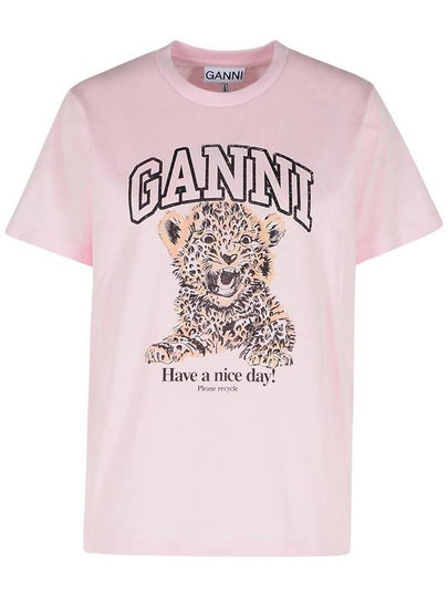 Leopard Print Cotton Short Sleeve T-Shirt Pink - GANNI - BALAAN 2