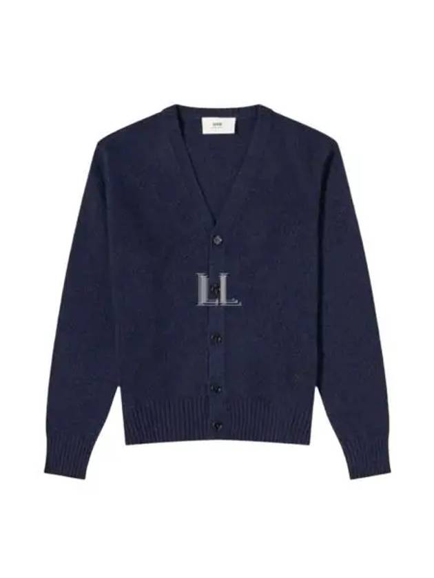 Heart Logo V Neck Cashmere Cardigan Navy - AMI - BALAAN 2