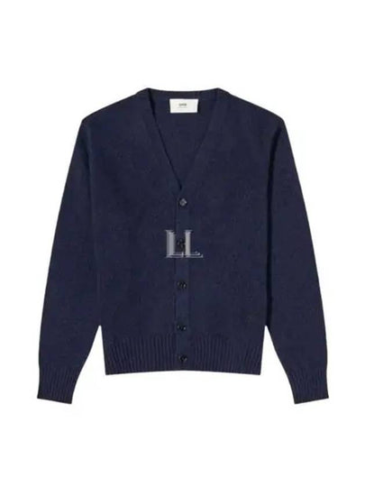 Heart Logo V Neck Cashmere Cardigan Navy - AMI - BALAAN 2