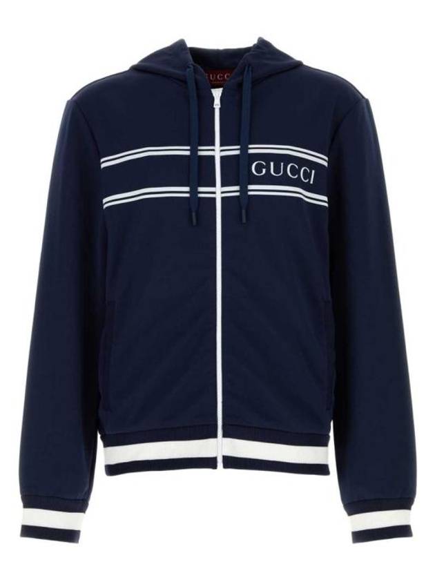 Logo Stripe Print Zip Up Hoodie Midnight Blue - GUCCI - BALAAN 2