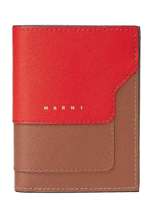 Two-Tone Saffiano Leather Half Wallet Red - MARNI - BALAAN 2