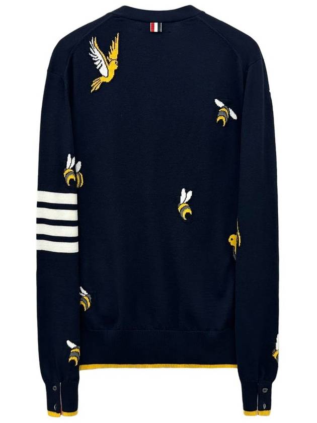 Men's Merino Bird Bee 4 Bar V-Neck Merino Cotton Cardigan Navy - THOM BROWNE - BALAAN 3