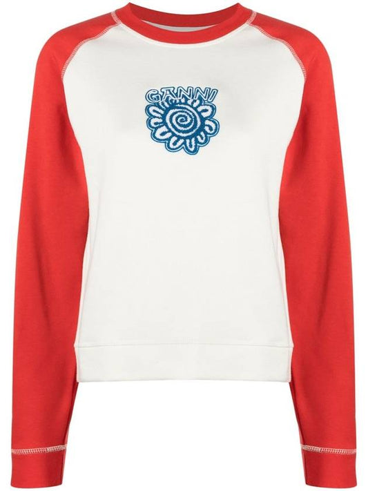 Isoli Ragran Logo Contrast Sleeve Sweatshirt White Red - GANNI - BALAAN 1