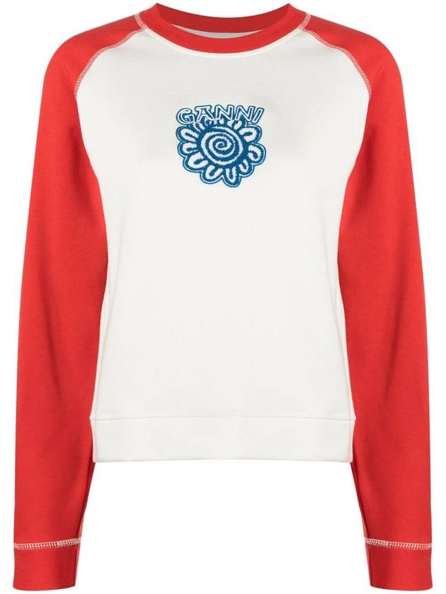 Isoli Ragran Logo Contrast Sleeve Sweatshirt White Red - GANNI - BALAAN 1