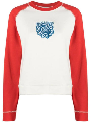 Isoli Ragran Logo Contrast Sleeve Sweatshirt White Red - GANNI - BALAAN 1