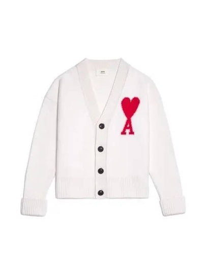 Intarsia Big Heart Logo Oversized Virgin Wool Cardigan White - AMI - BALAAN 2