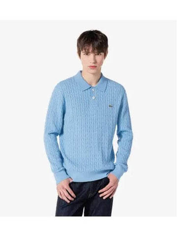 Men s Cable Sweater Polo Gray Blue - LACOSTE - BALAAN 1