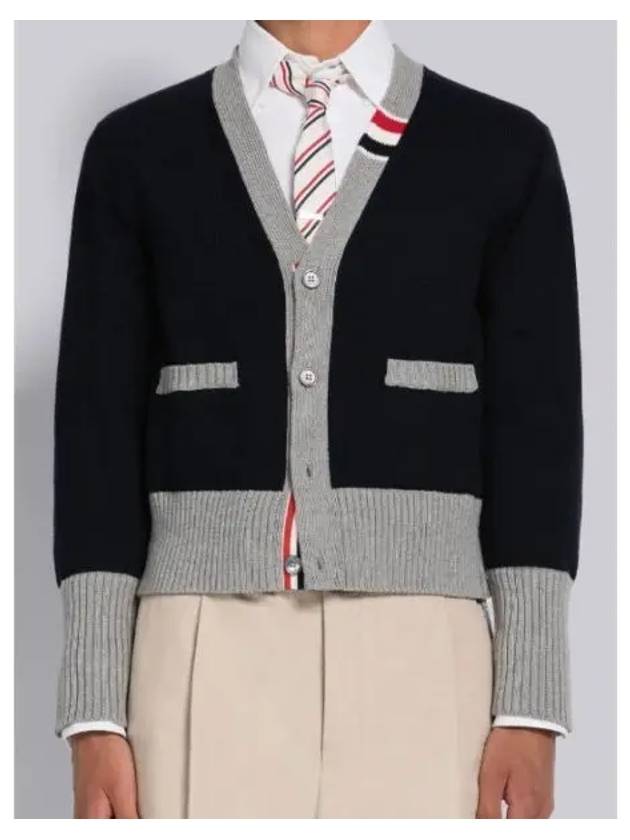 Three Stripe V Neck Cotton Cardigan Navy - THOM BROWNE - BALAAN 2