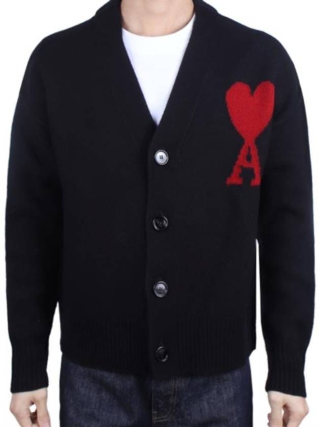 Heart Logo V Neck Wool Cardigan Black - AMI - BALAAN 3