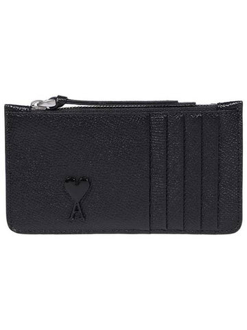 Heart Logo Plaque Leather Zipper Card Wallet Black - AMI - BALAAN 1