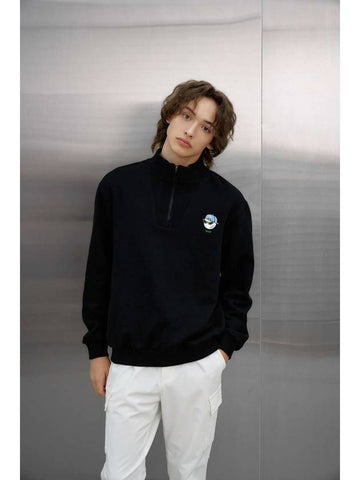 Swag Ball Half Zip Up Brushed Sweatshirt Black - GOXO - BALAAN 1