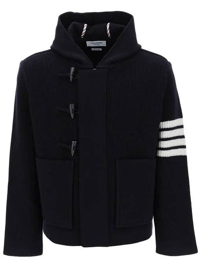 Boiled Wool Half Cardigan Stitched Hooded 4 Bar Double Jacket Navy - THOM BROWNE - BALAAN 2