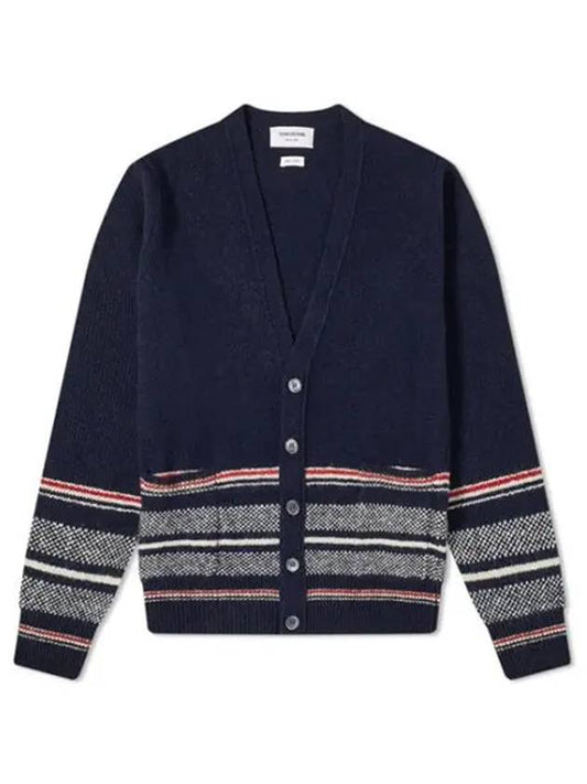 Seasonal Jacquard Striped V-neck Cardigan Navy - THOM BROWNE - BALAAN 2