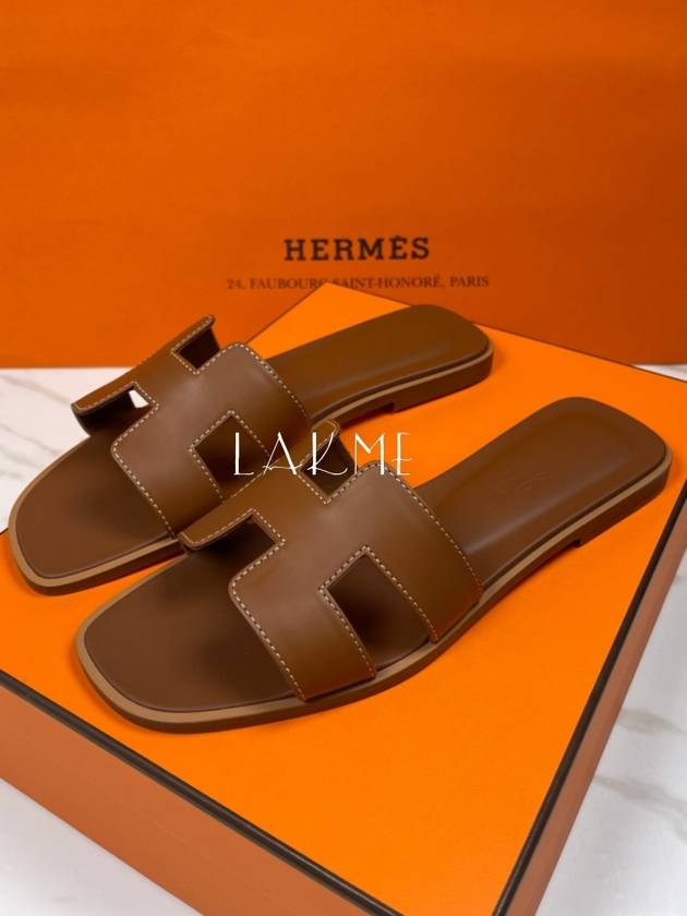 Oran Calfskin Slippers Gold Piqures Ecrues - HERMES - BALAAN 3