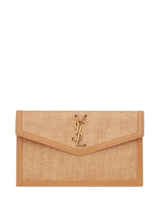 Uptown Canvas Calf Leather Clutch Bag Beige - SAINT LAURENT - BALAAN 1