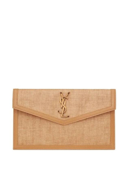 Uptown Canvas Calf Leather Clutch Bag Beige - SAINT LAURENT - BALAAN 1