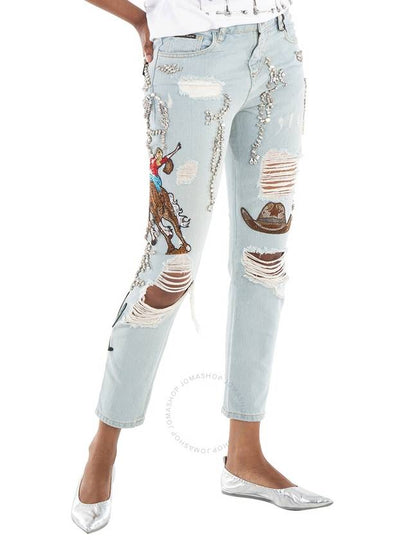 Philipp Plein Boyfriend Cowboy Patch-Embellished Jeans, Waist Size 26