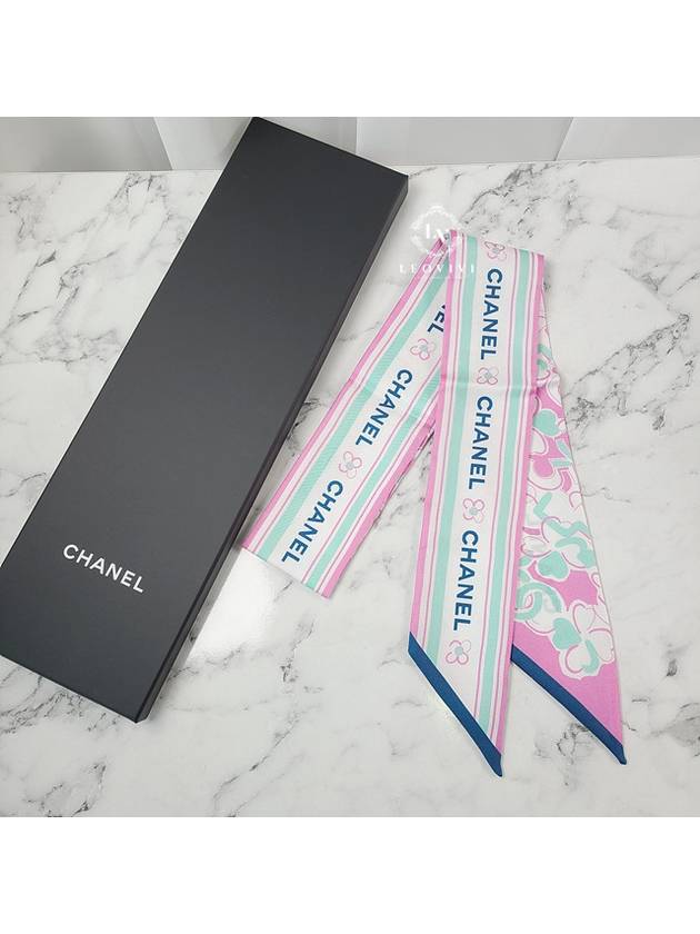 CC Logo Flower Pattern Print Silk Slim Bandeau Twilly Petite Scarf Pink AA8141 - CHANEL - BALAAN 8