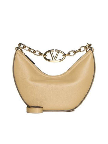 Small V Logo Moon Chain Grain Calfskin Hobo Tote Bag Cappuccino - VALENTINO - BALAAN 1