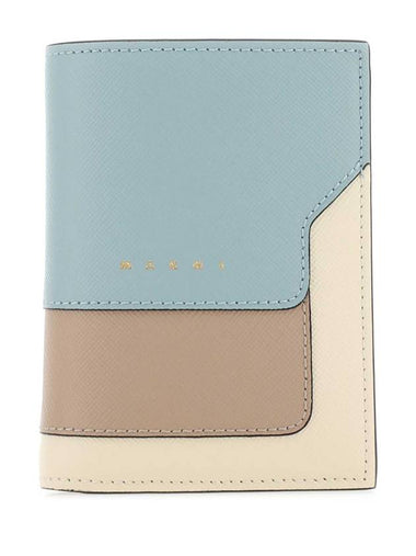 Saffiano Leather Color Block Half Wallet Blue - MARNI - BALAAN 1