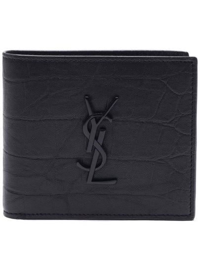 Men's Monogram Crocodile Leather Half Wallet Black - SAINT LAURENT - BALAAN 2